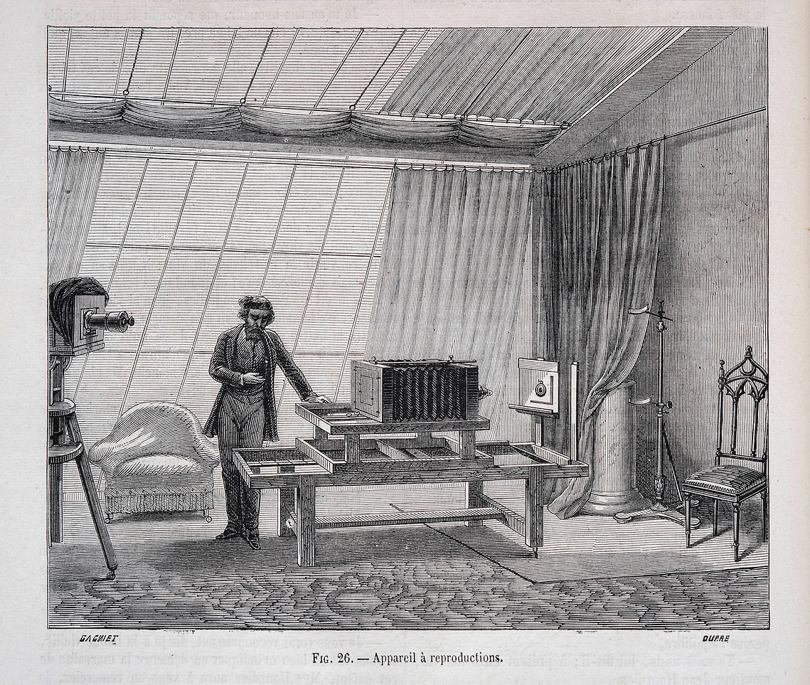 A nineteenth-century reproduction camera and operator pictured in ‘La Photographie’, Le Magasin Pittoresque, ed. Édouard Charton, 32e année (1864), 92. Wood engraving by Dupré after a drawing by Jules Gagniet, 12.5 x 15.1 cm. Digital copy-stand photograph