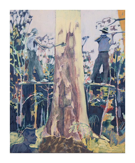 Danny Leyland. Felling the great gum, 2023. Oil on board. 50 x 40 cm​