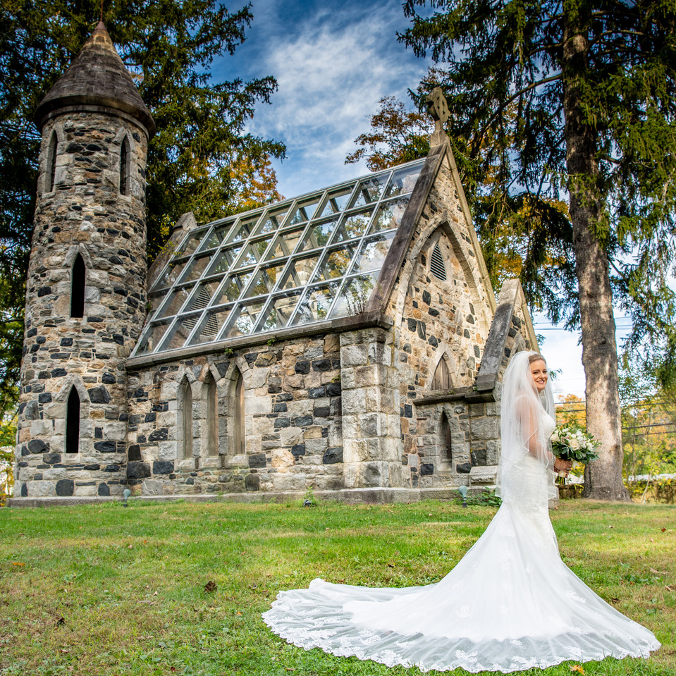 Wedding portrait at a beautiful chapel on a college campus.  