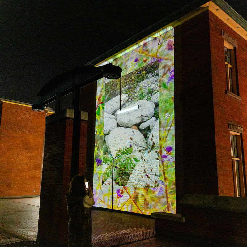 Digital video and soundscape projected on red-brick building of the former Lakeshore Psychiatric Hospital, Etobicoke.