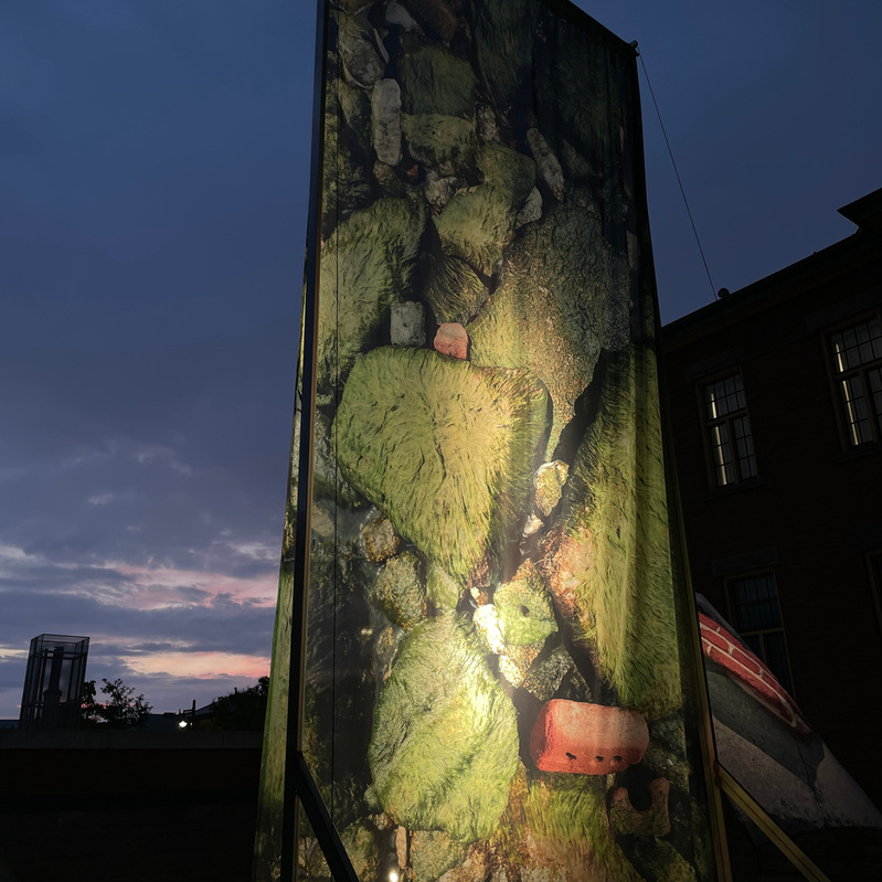 Digital image of moss printed on sheer textile hanging in from of red-brick building of the former Lakeshore Psychiatric Hospital, Etobicoke.