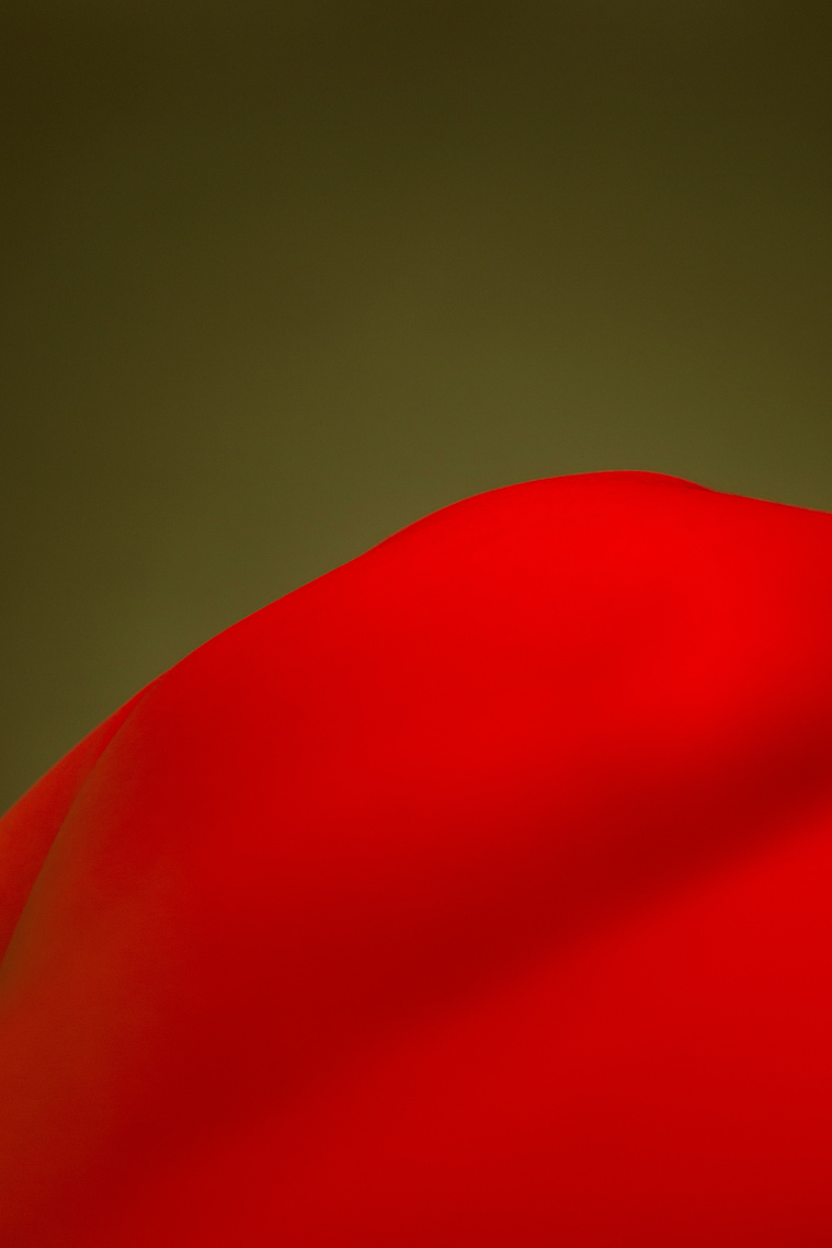 back of a man in nude under the red light which looks alike landscape of the red desert with green sky