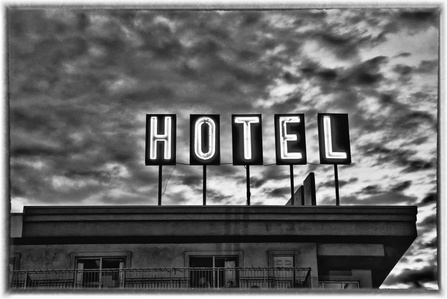 Neon Hotel Sign in B&amp;W, Lodo, LoHi, HDR, Denver, Colorado, Black and White