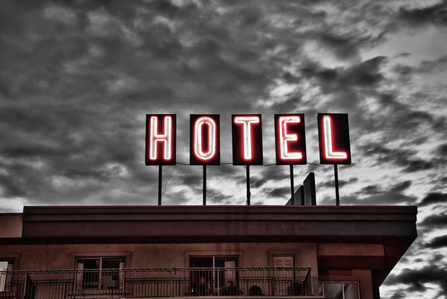 Neon Hotel Sign in Red, Lodo, LoHi, HDR, Denver, Colorado, 