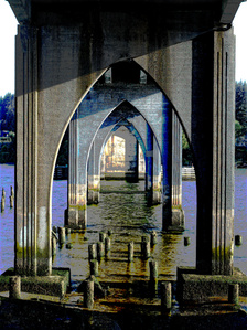 Under old bridge, old bridge, concrete bridge, gothic arches, river bridge, Oregon coastal highway bridge, Florence Oregon