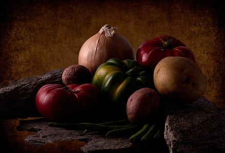 Vegetables still life, vegetables, onions, green peppers, potatoes, string beans, still life