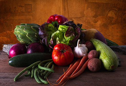Farm vegetable harvest, fall harvest, harvest still life,  still life with onions beans lettuce carrots tomatoes artichokes garlic squash
