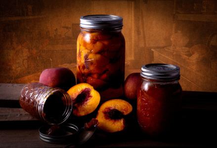 Fall harvest, canned peaches, peach preserves, home canning, peach jam, fruit still life