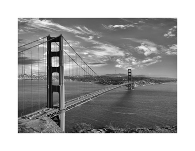 Golden Gate Bridge, San Francisco, Battery Spencer, Marin headlands, San Francisco skyline, black and white image, monochrome image