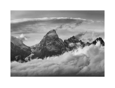 Grand Teton national park.  Grand Teton Mountain, storm clouds, black and white image, monochrome image