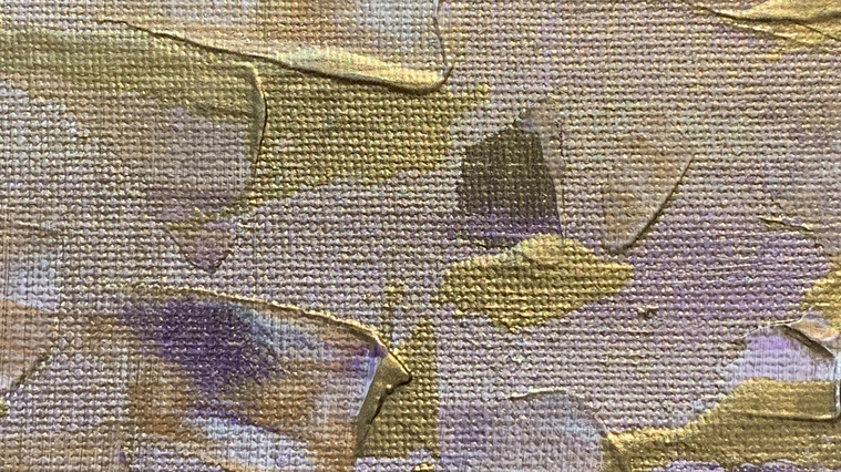 Abstract acrylic painting on a canvas with shades of purple and golden.