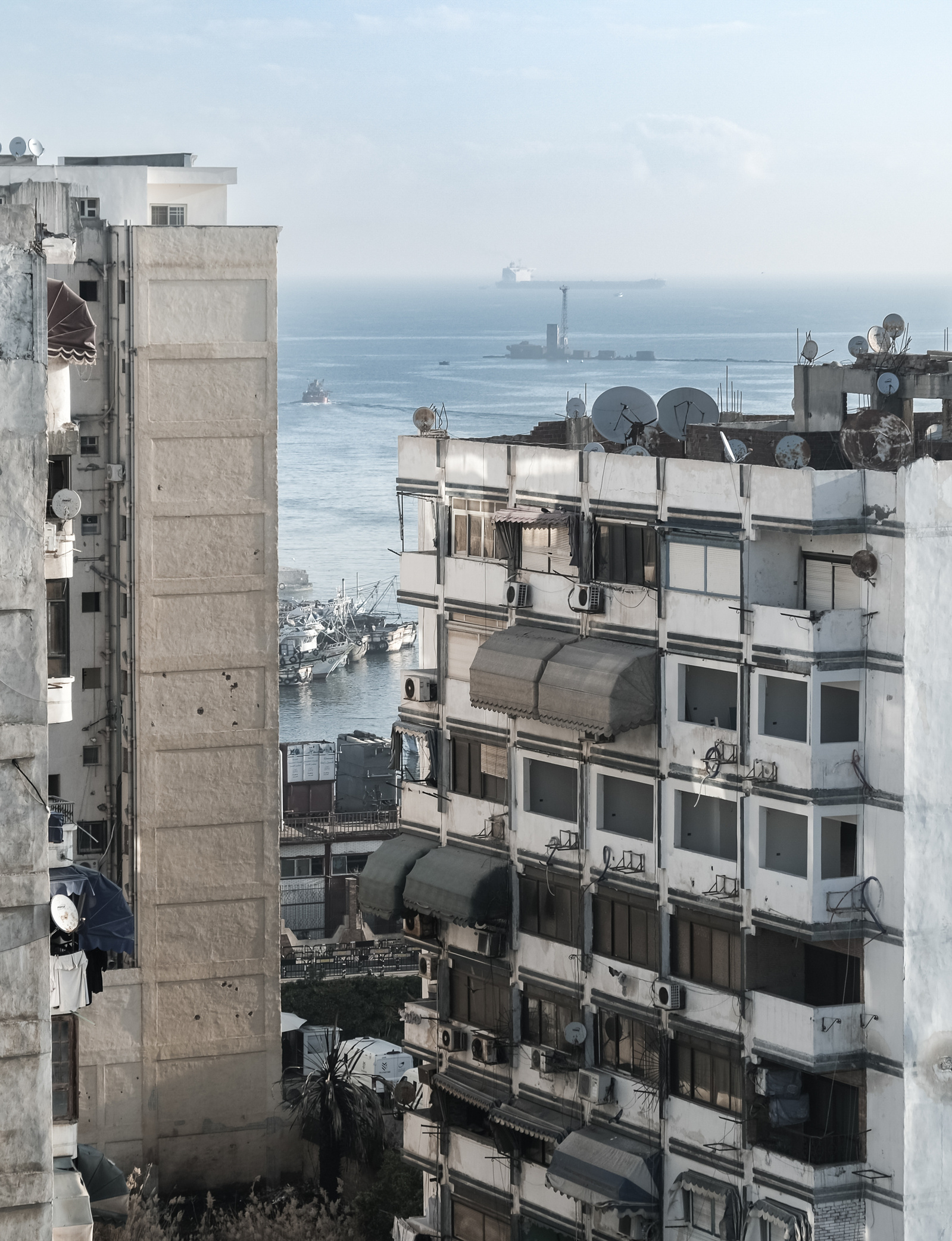 View of the Mediterranean Sea and cargo ships Port Said Egypt