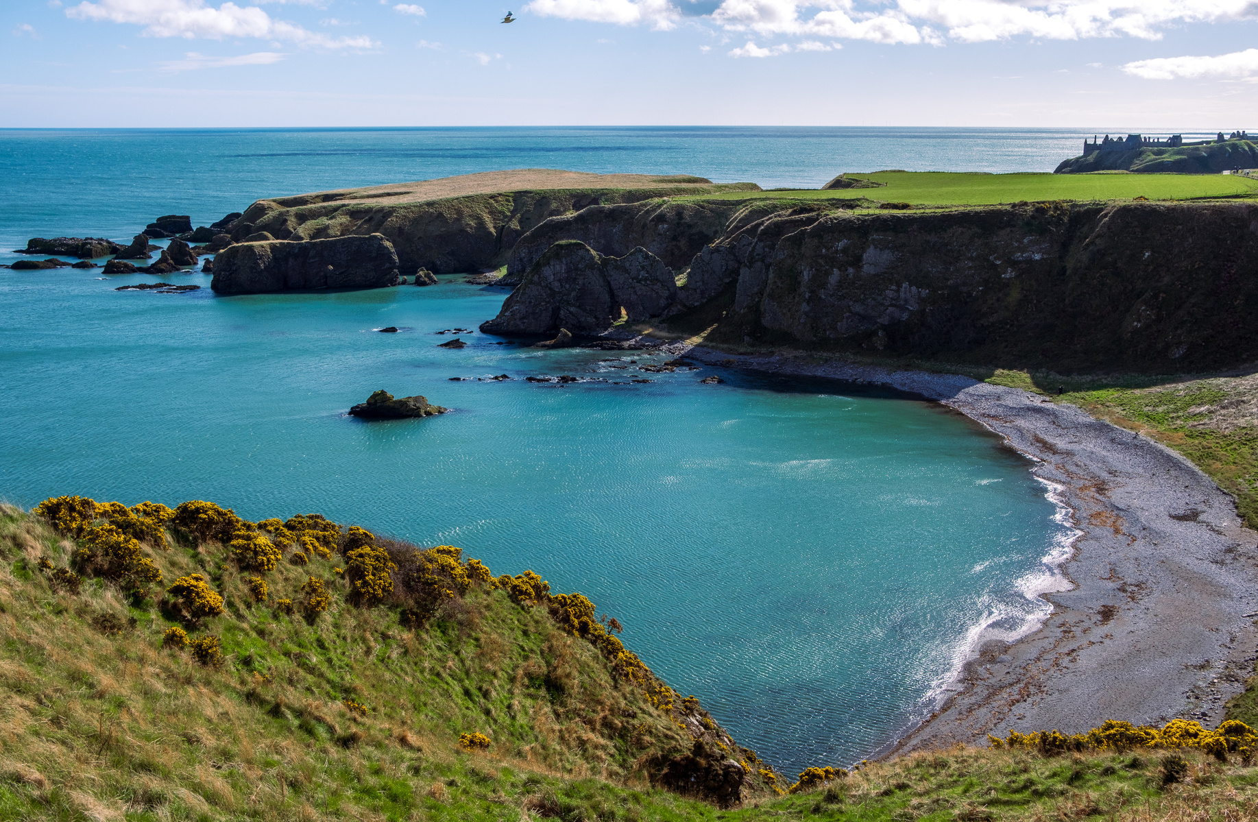 beach cove with Dunnotar castle in background, Aberdeenshire, Scotland near Stonehaven