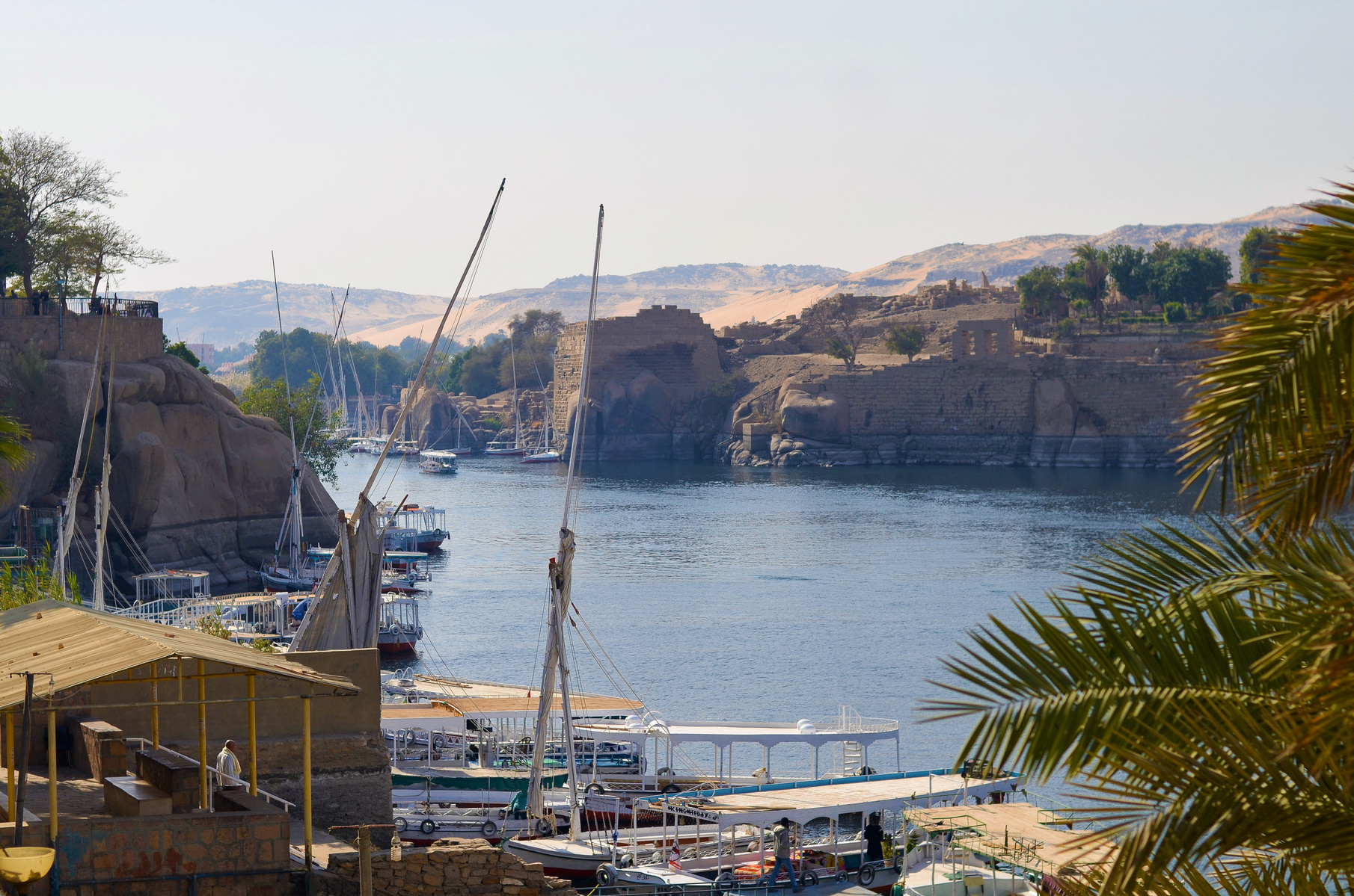 View of the River Nile in Aswan Egypt with Felucca boats