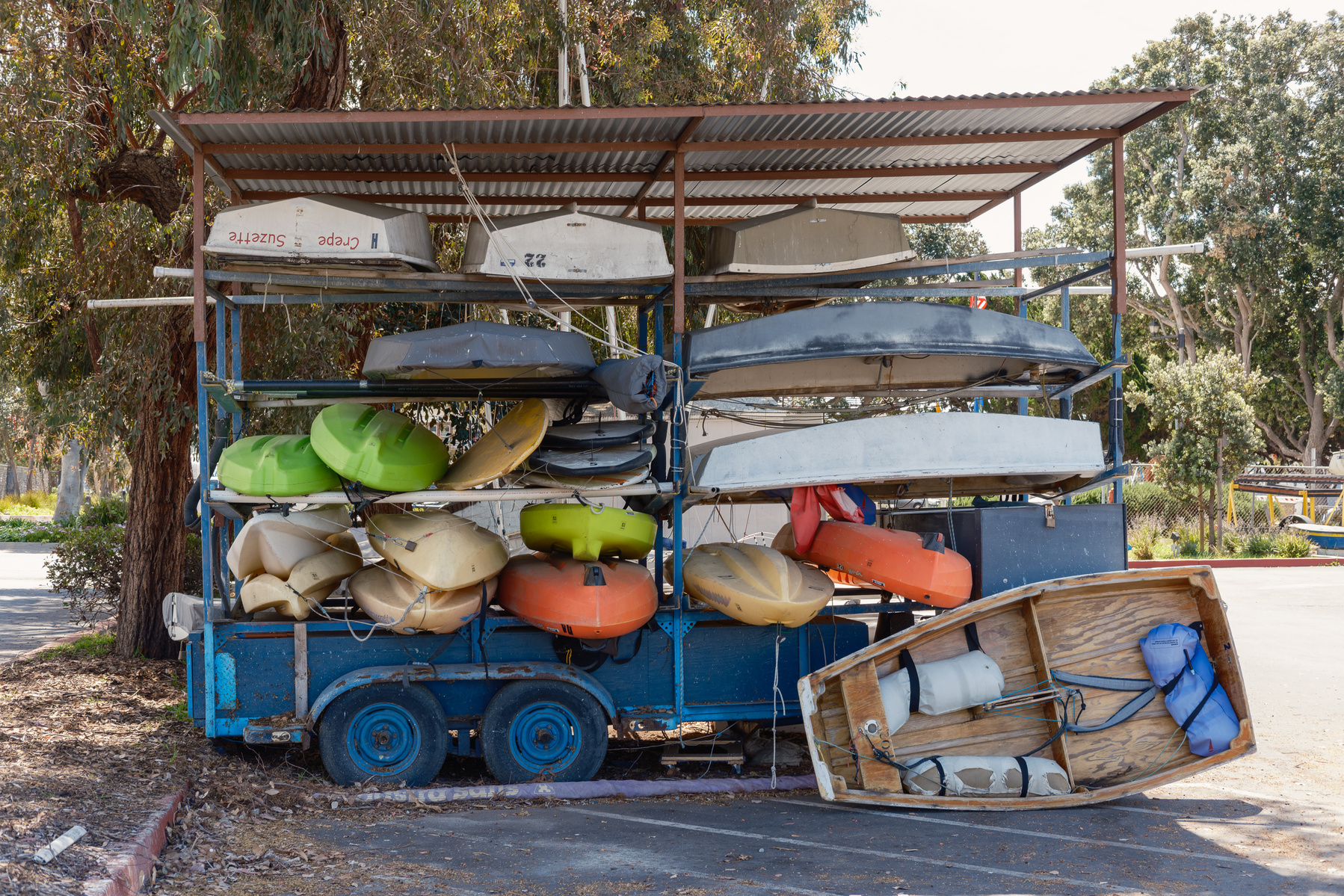 Wooden boats and surf paddle boards at Marina Del Rey, Los Angeles, USA