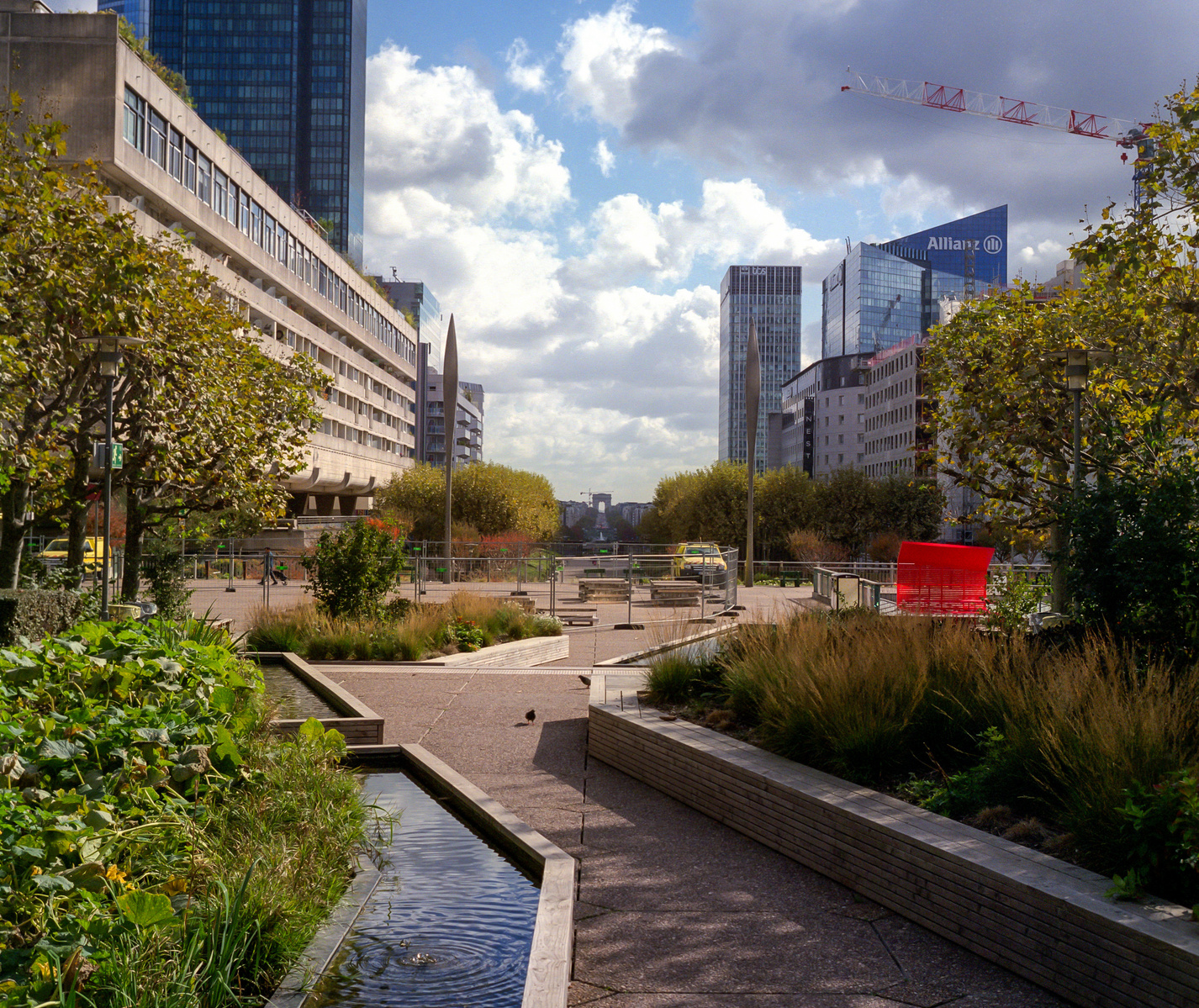 View of Paris from La Defense district showing Arc de Triomphe in the distance, France