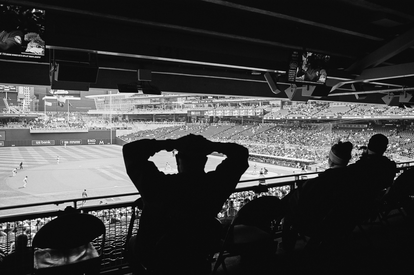Film photography, 35mm film photography, street photography, sports photography, baseball, baseball photography, black and white film photography, Houston Astros at Minnesota Twins in Target Arena in Minneapolis, MN