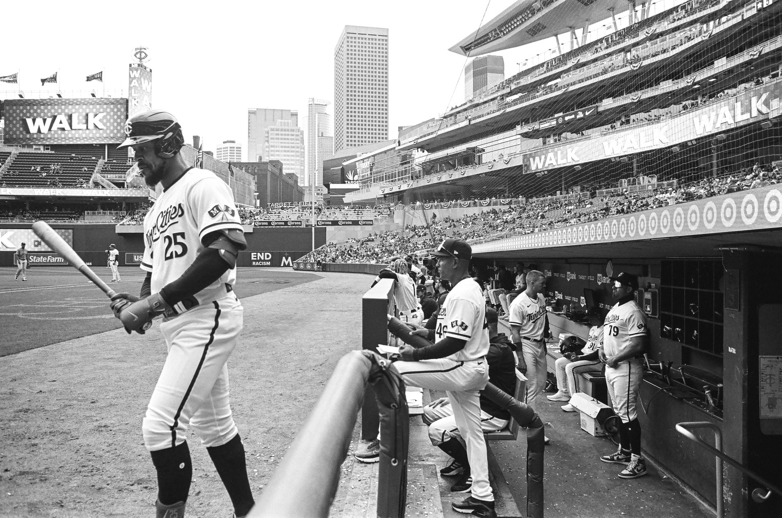 Film photography, 35mm film photography, street photography, sports photography, baseball, baseball photography, black and white film photography, Houston Astros at Minnesota Twins in Target Arena in Minneapolis, MN