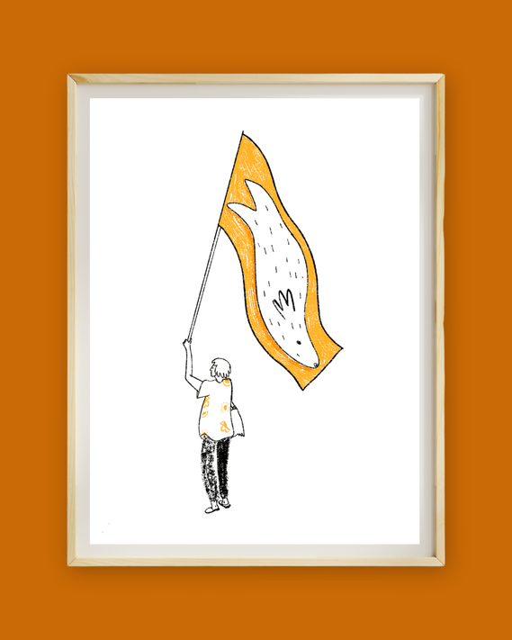 Tour Guide with Flag – A playful depiction of a tour guide leading her group with a striking flag, ensuring no one gets lost by Laurie Marie Roberts.