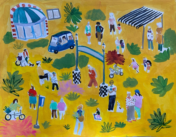 An early draft of a mural by Laurie Marie Roberts, a Bay Area artist and illustrator, illustrating a diverse group of people interacting in a sunny, nature-filled outdoor scene. This design highlights themes of community, connection, and culture.