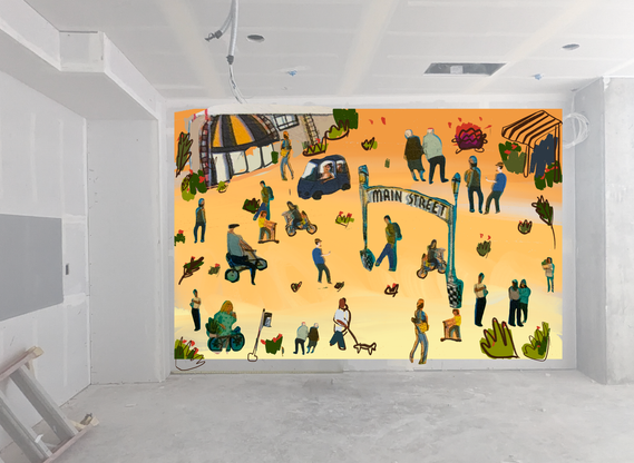 A painted mural concept by Laurie Marie Roberts, a Bay Area illustrator, showcasing diverse people, nature, and vibrant urban life. The artwork captures the essence of San Mateo’s inclusive and colorful community spirit.