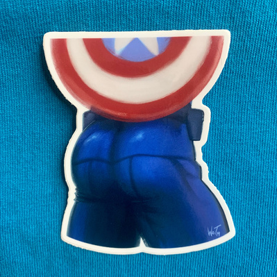 Captain America's shield rests on his back, just above his ass.