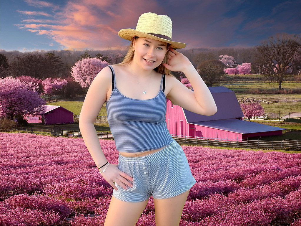 Girl wearing a cow girl outfit against a pink, AI generated farm scene