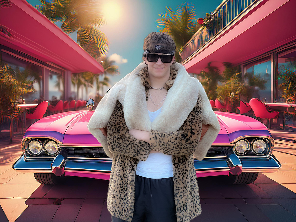 Boy wearing glasses and leopard skin jacket against a pink, AI generated, open top car