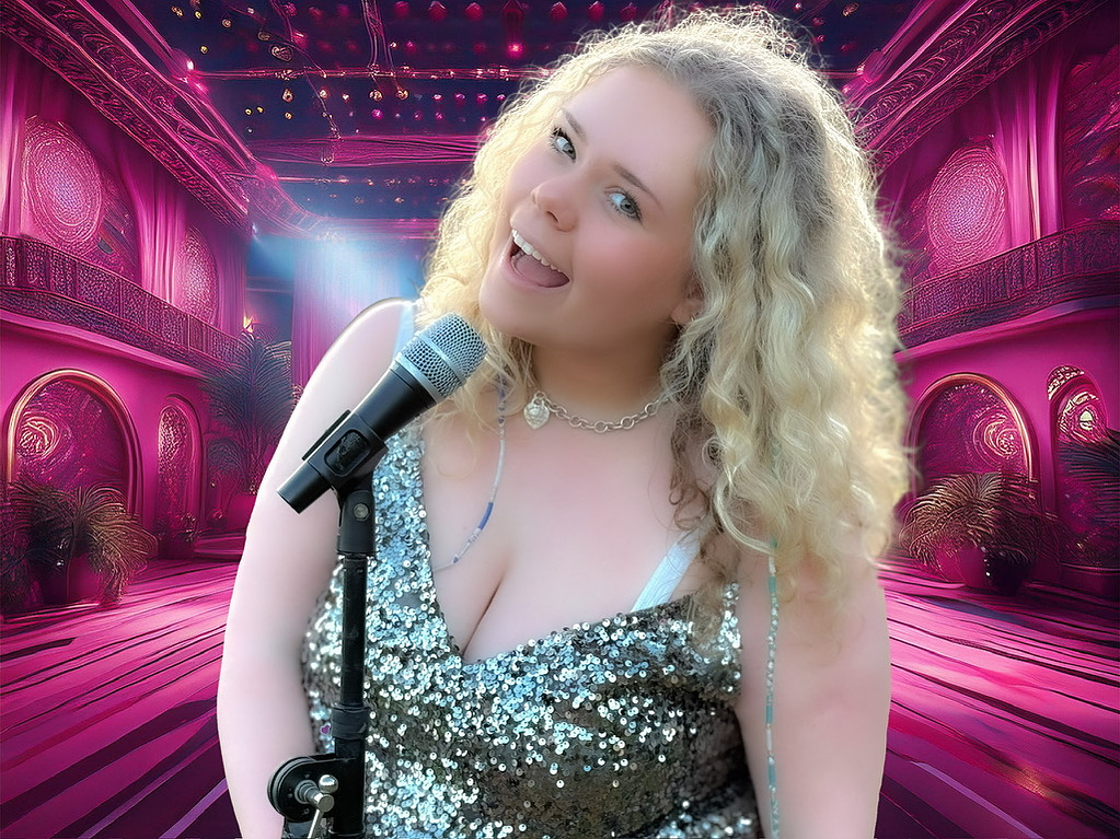 Girl with microphone against a pink AI generated theatre and stage