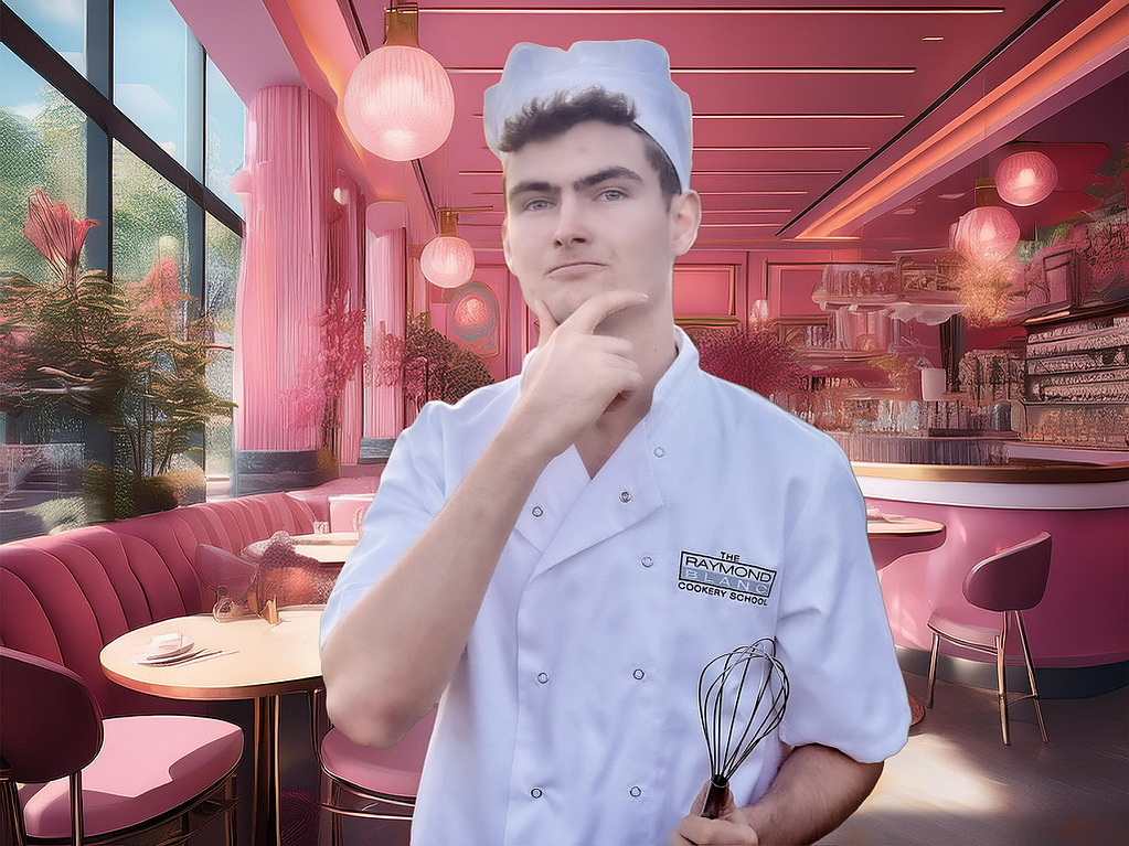 Boy wearing chef's outfit against an AI generated, pink restaurant scene