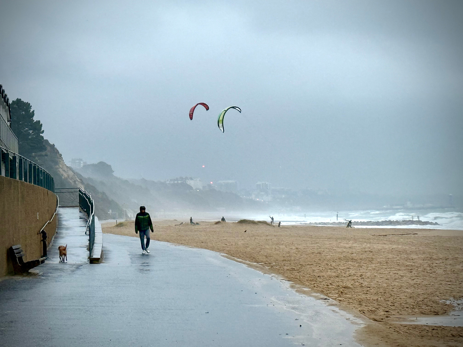 A wet, wild, wintry day - a dog can be seen with its owner in the left third and the back ground dark stormy clouds and two kite surfer
