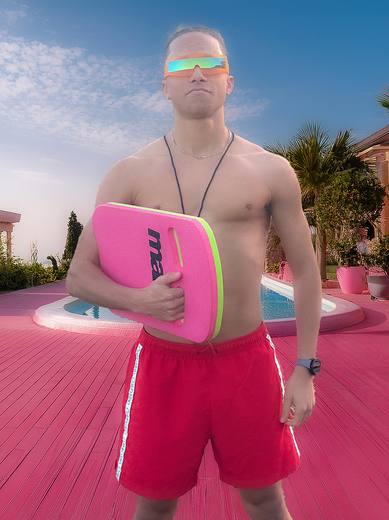 Boy in swimsuit against AI generated pink pool scene