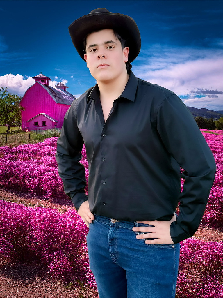 Boy wearing cowboy outfit against a pink, AI generated, farm scene