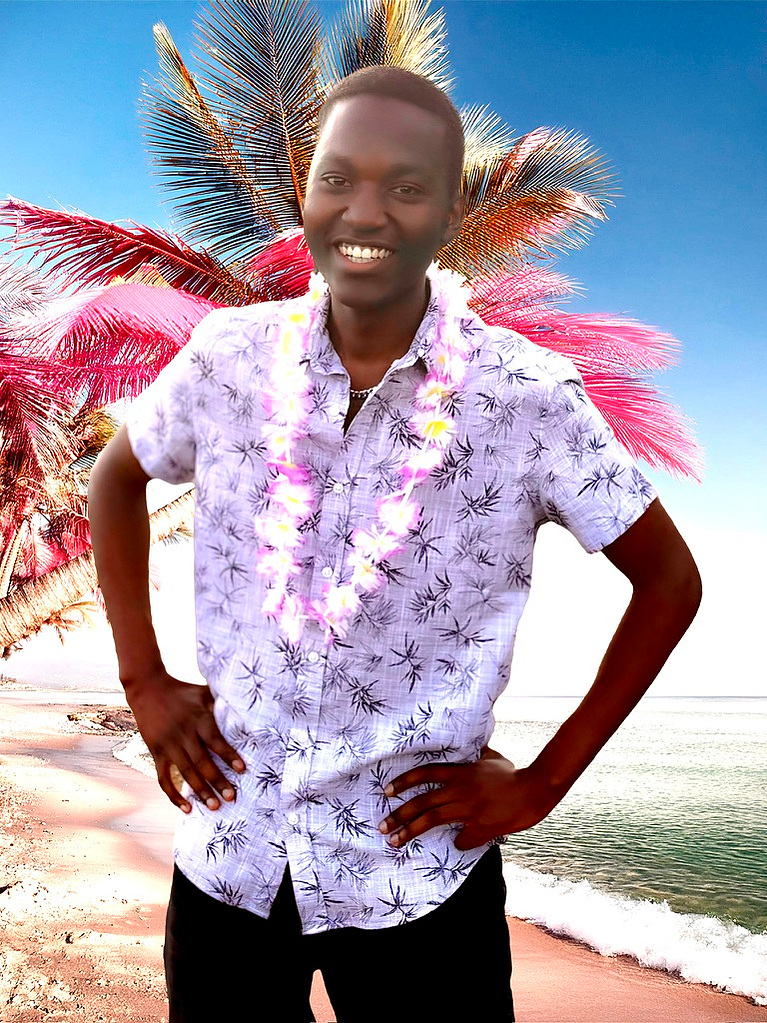 Boy wearing lei and Hawaiian shirt against pink palm tree