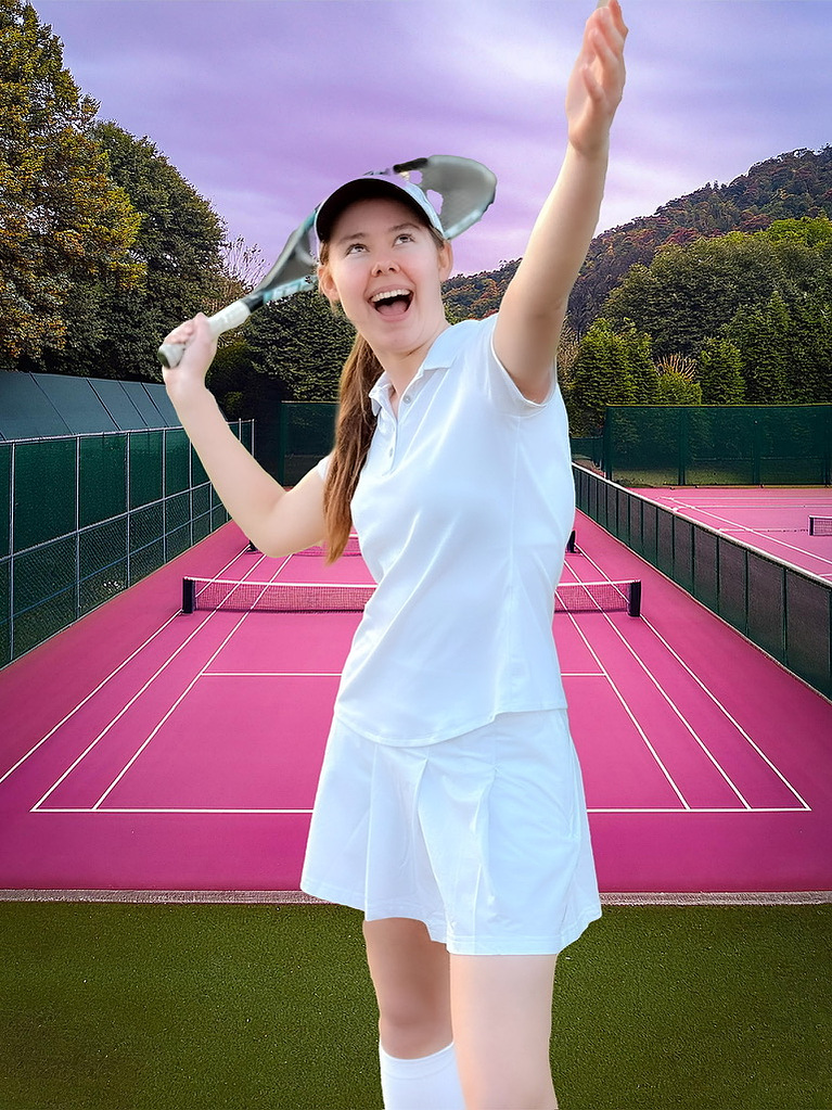 Girl playing tennis agains a pink, AI generated tennis court