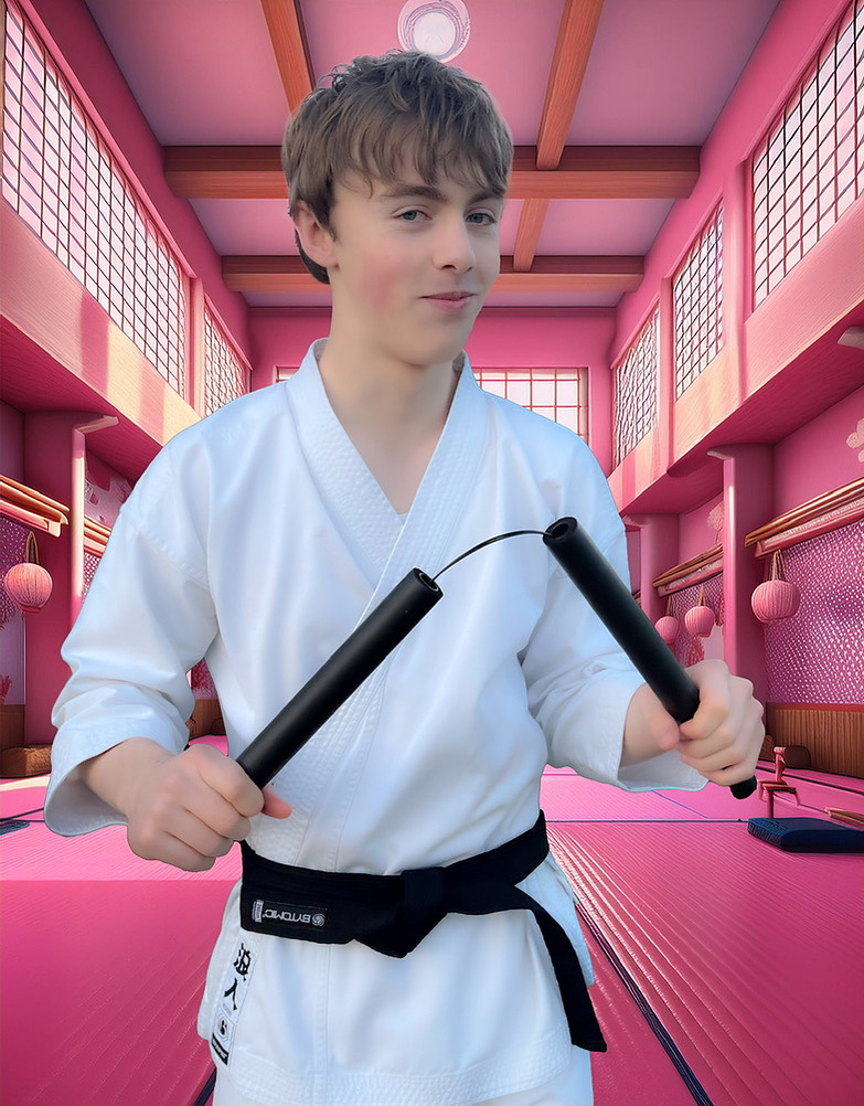 Boy with nunchaku against pink AI generated Dojo scene