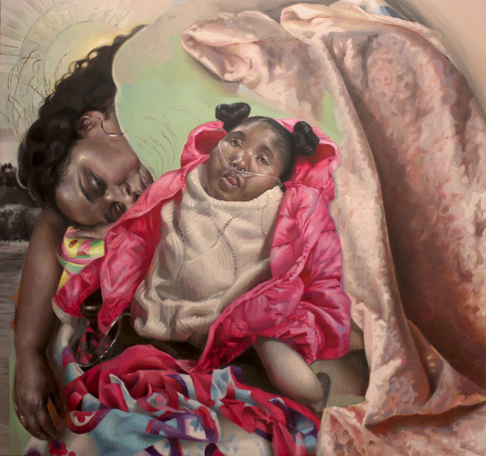 Bright colored image with tired mother and disabled daughter