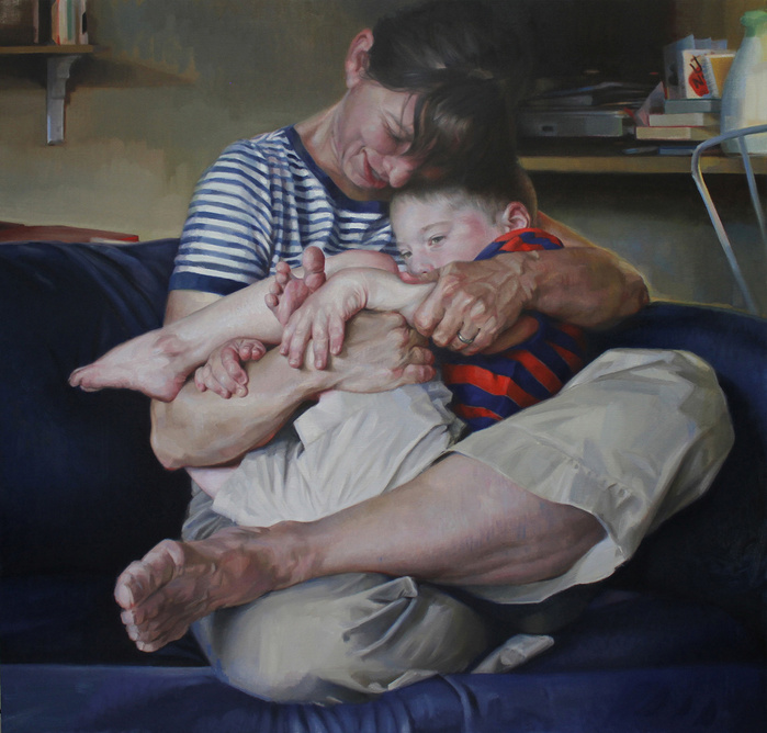 Painting of a mother sitting embracing her son with down syndrome