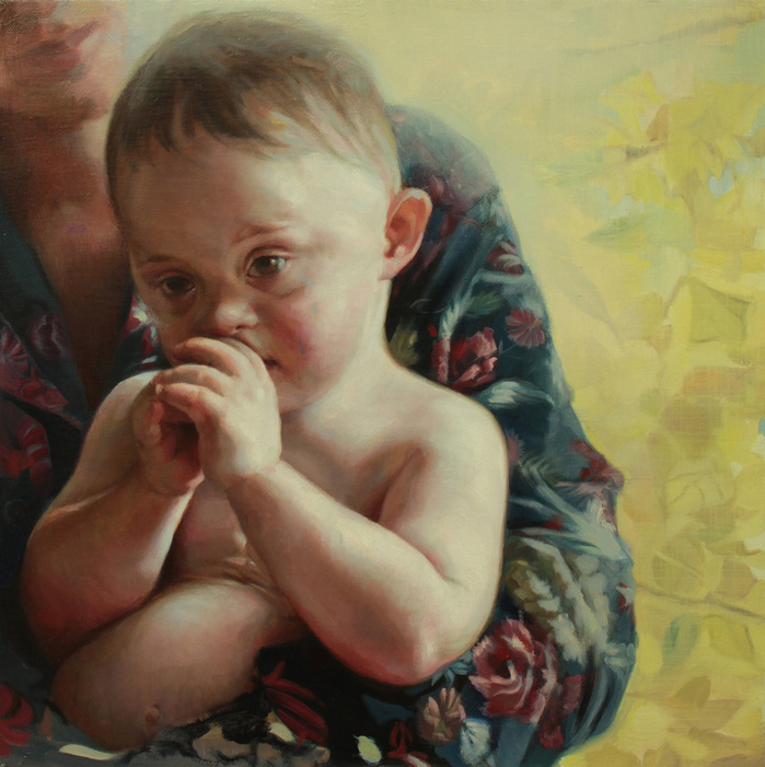 small luminous painting of a baby with down syndrome