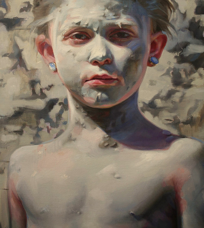 close up of painting of a gril starring with dry mud on her skin