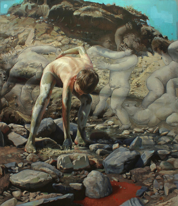 Painting of a boy picking up mud outside