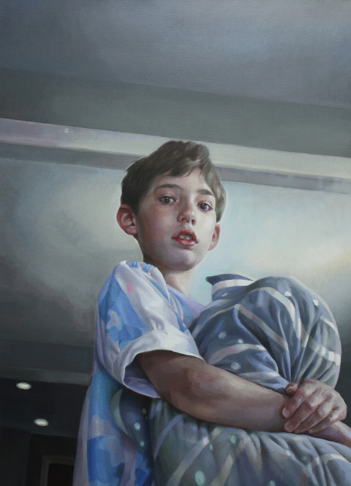 Painting of a boy satring and holding a plushy