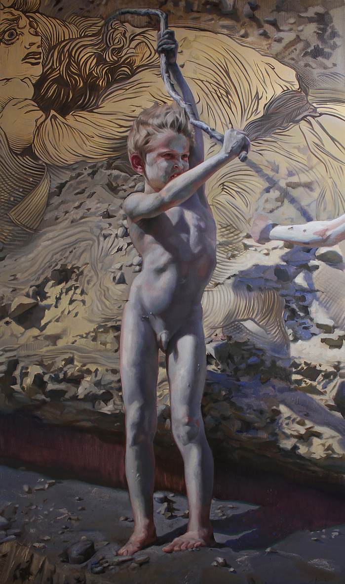Painting of a boy with a stick ready to fight