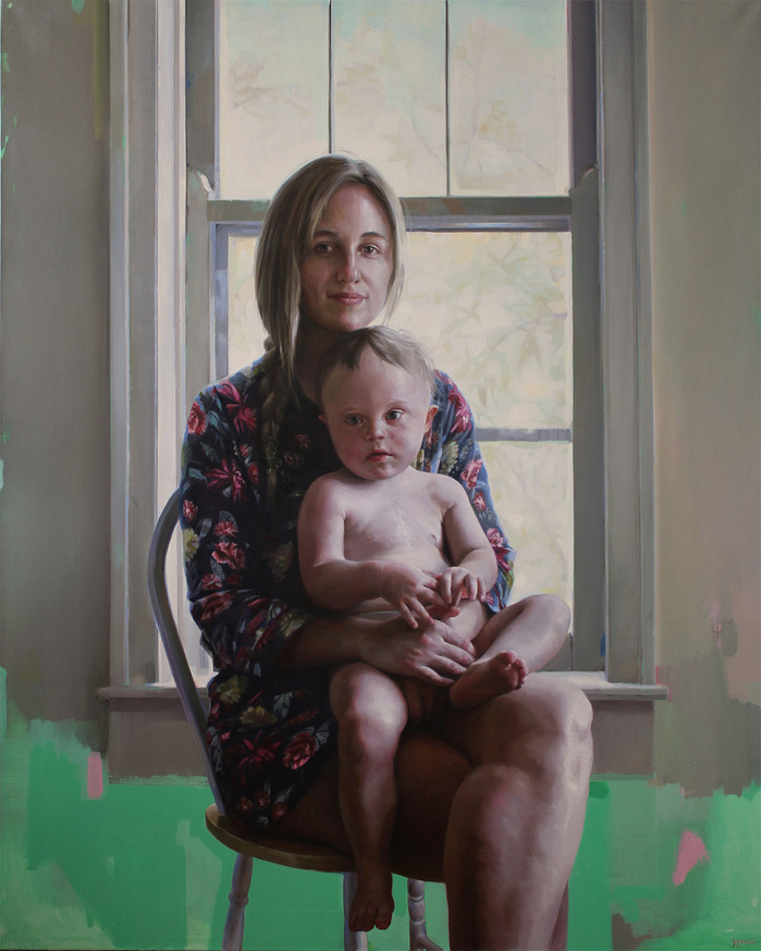 Painting of a Mother and son with down syndrome in front of a window