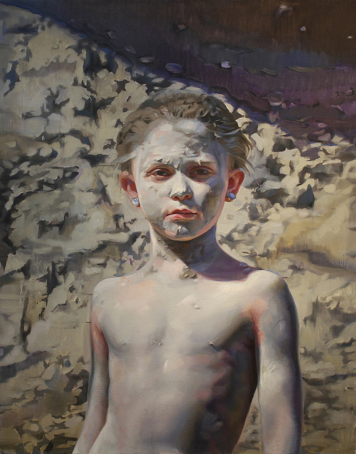 Painting if a girl staring with dry mud on her skin