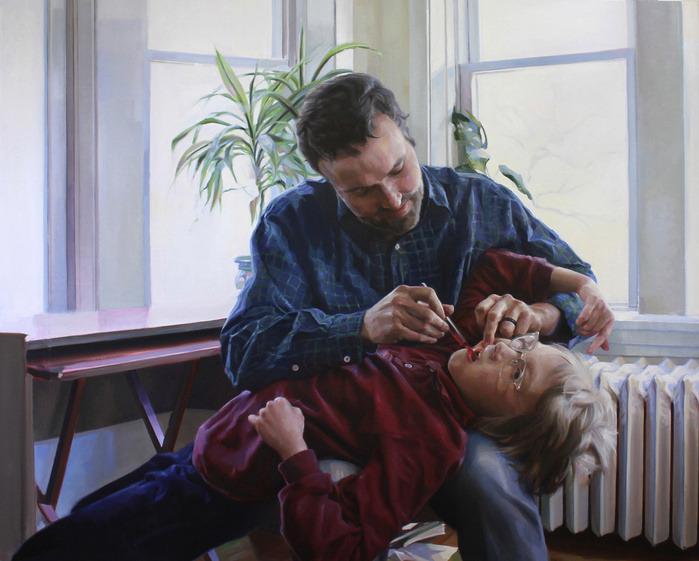 Painting of a father brushing his son's teeth