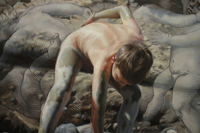 Painting of a boy picking up mud outside
