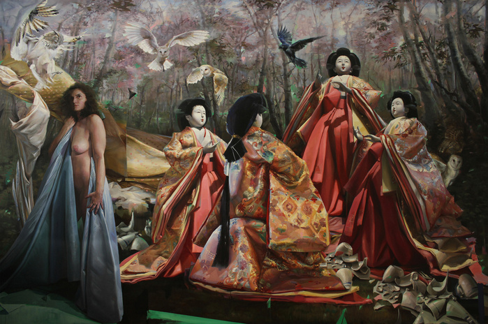 Whimsical forest and birds and japanese fabric