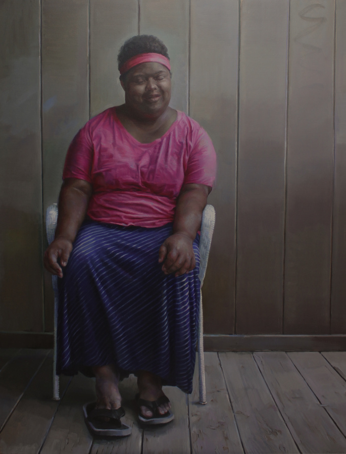 Painting of a black lady in pink shirt with down syndrom sitting in a white chair and dark background