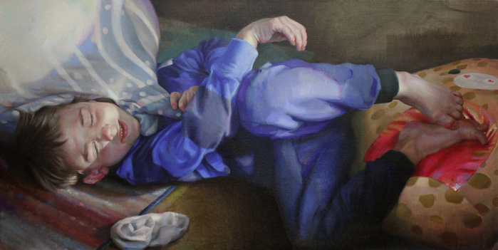 Painting of a boy laying on the floor and a ray of light across his face